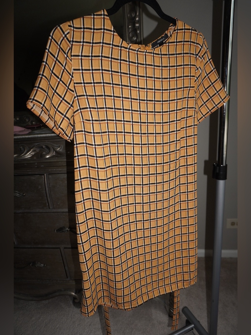 Forever 21 Mustard Plaid Short Sleeve Tie-Waist Mini Dress